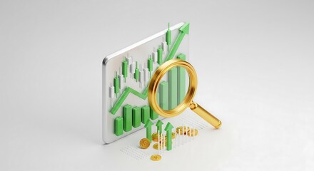 A tablet displays a rising graph with green bars and arrows, analyzed with a golden magnifying glass, surrounded by coins.