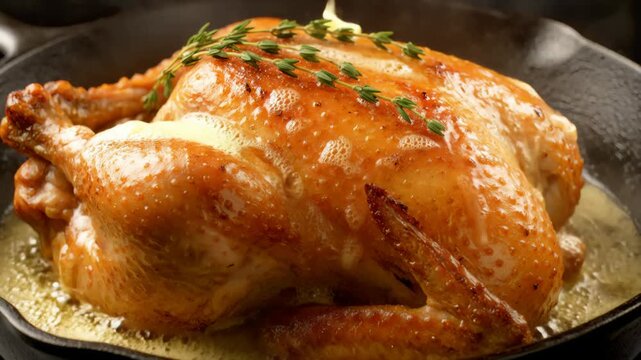 Succulent whole roasted chicken basted in sizzling butter, garnished with