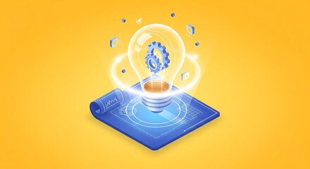 Isometric illustration of a lightbulb containing a cog, resting on a blueprint.