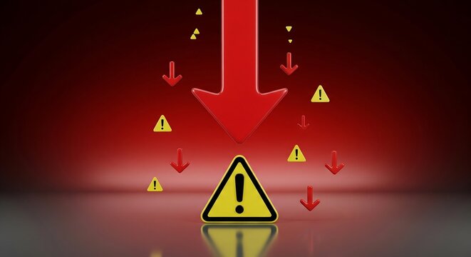 A large red arrow pointing downward, accompanied by warning symbols, indicating a decline.