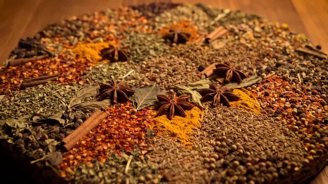 Aromatic Assortment of Colorful Culinary Spices and Herbs, Top View