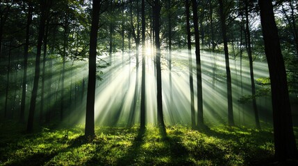 Sunlit forest glade with rays of light piercing through the trees, styled for tranquility