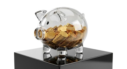 A transparent piggy bank filled with golden coins sits on a glossy black surface.