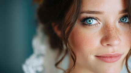 A young woman with beautiful blue eyes and subtle freckles gazes softly at the camera. Her hair is styled in loose curls and delicate lace can be seen in the background.