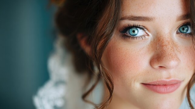 A young woman with beautiful blue eyes and subtle freckles gazes softly at the camera. Her hair is styled in loose curls and delicate lace can be seen in the background.