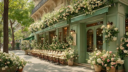 french cafe exterior green storefront with hanging flower baskets white roses restaurant paris bistro facade