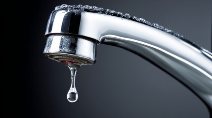 Single water droplet falling from faucet, symbolizing water scarcity and drought concept. Environmental conservation message about resource preservation and sustainable usage