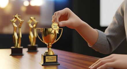 A hand places a coin on a golden trophy, with two other trophies standing in the background.