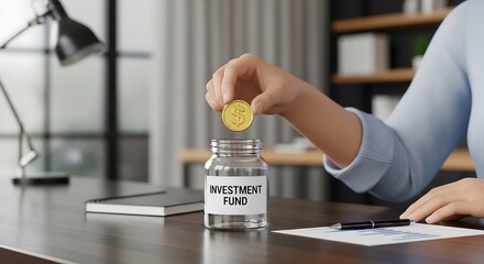 Person adding a gold coin to an investment fund jar on a desk, symbolizing savings and financial planning.