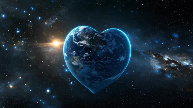 Planet Earth forms a glowing heart floating in the cosmos, stars and nebulae celebrating love for our only home; a hopeful environmental visual suited for sustainability pledges, charity videos and