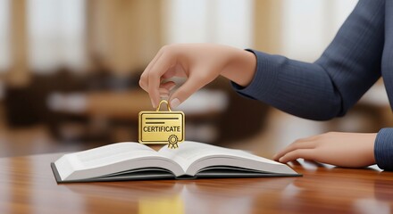 Hand placing a certificate icon on an open book, symbolizing education or achievement.