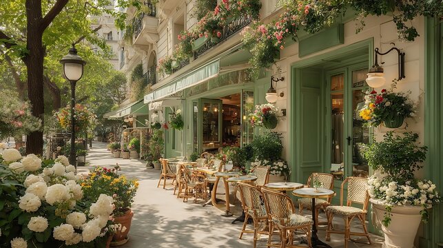 romantic french cafe terrace with wicker chairs flowers facade restaurant paris sidewalk bistro