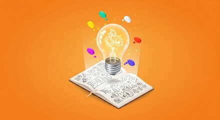 Lightbulb shining above an open notebook filled with sketches, with colorful shapes floating around, on an orange background.