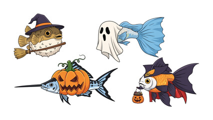 Halloween Fish Carnival: A whimsical assembly of creatively costumed fish, including a pumpkin-clad marlin, a ghostly guppy, and a witchy pufferfish.