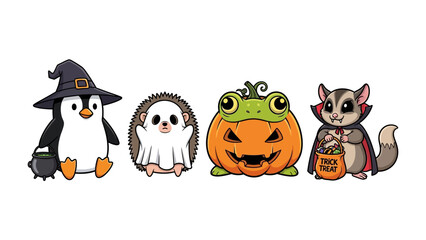Enchanting Halloween Creatures: A charming quartet of Halloween creatures, a penguin witch, a ghost, a pumpkin frog, and a sugar glider vampire, offer a playful, enchanting greeting. 