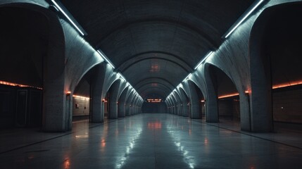 A futuristic underground subway station with arched ceilings