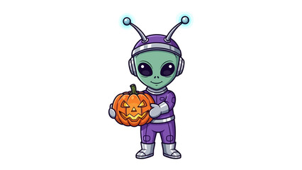 Alien with Halloween pumpkin: a cartoon alien holding a carved pumpkin for Halloween, creating a festive image of the cosmos and the spooky atmosphere of Halloween.