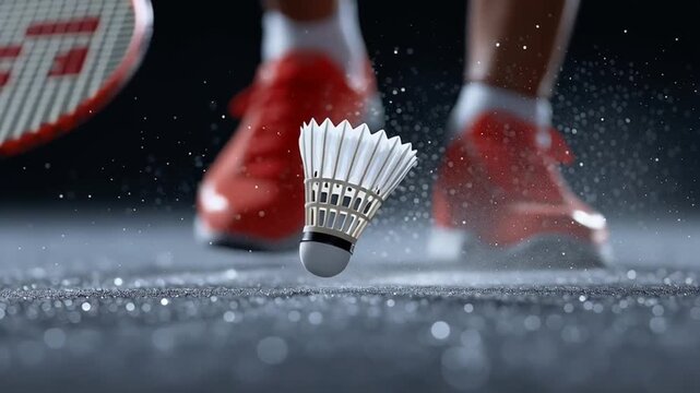 Close-up of badminton shuttlecock bouncing against racket on court surface, with player&rsquo;s shoes visible, capturing dynamic sports energy and precision in fast-paced motion.