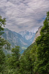 Fototapeta premium Obersee and Königssee nestled between steep alpine cliffs, Berchtesgadener Alps