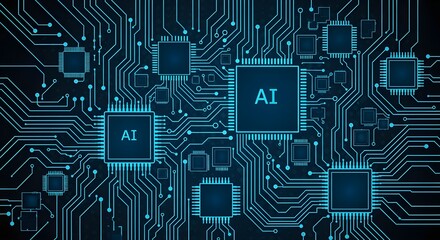 Futuristic Artificial Intelligence Microchip Circuit Board Illustration with Blue Glowing Connections, Symbolizing Advanced Technology, Machine Learning, Data Processing, and Digital Innovation

