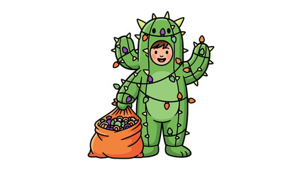 Cactus Costume & Festive Cheer: A young child beams with joy as they sport a whimsical cactus costume, adorned with twinkling lights, carrying a sack filled with seasonal delights.