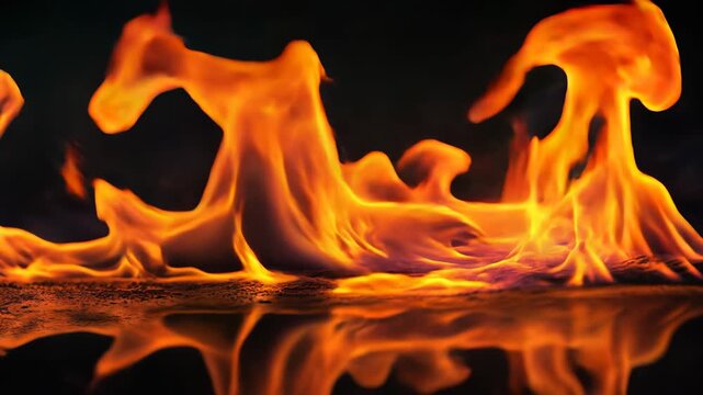 Elastic tongues of fire rise and mirror in a glossy surface, molten highlights creating hypnotic loops; a versatile elemental clip for logos, concerts, pyrotechnic promos and dramatic brand accents