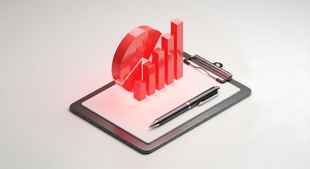 A red pie chart and bar graph sit atop a clipboard with a pen, representing business data.