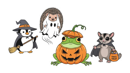 Spooky Halloween Animals Gathering: A group of creatively and cutely dressed animals gather for Halloween. A penguin dressed as a witch, a hedgehog in ghost costume, a frog with pumpkin cap.
