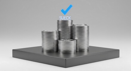 A conceptual image showing stacks of metallic cylinders with a checkmark above the tallest one, representing a successful outcome.