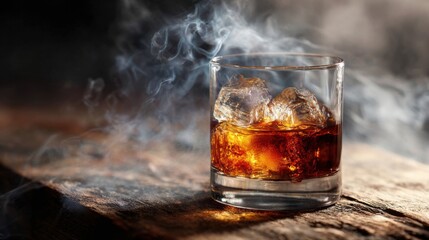 A glass filled with amber liquid and ice cubes rests on a rustic wooden surface. Soft smoke curls around the glass creating a warm and inviting atmosphere.