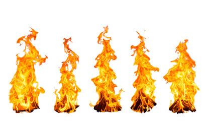 Set of bright red and orange flames blazing hot heat and light against a dark background, perfect for themes of danger and energy