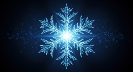 Radiant Blue Crystalline Snowflake Emitting a Brilliant Starburst Glow on a Dark Background.