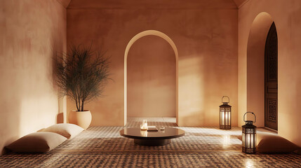 Moroccan Minimalist Living Room with Zellige Tiles and Lantern Lighting