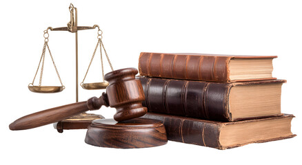 Judge gavel with law books and justice scales isolated on transparent background, legal system concept for lawyer, court, and legislation design

