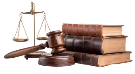 Judge gavel with law books and justice scales isolated on transparent background, legal system concept for lawyer, court, and legislation design