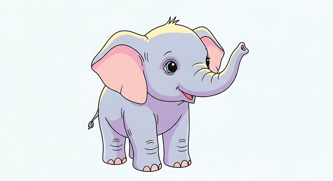 Cute cartoon baby elephant with big ears and trunk raised.