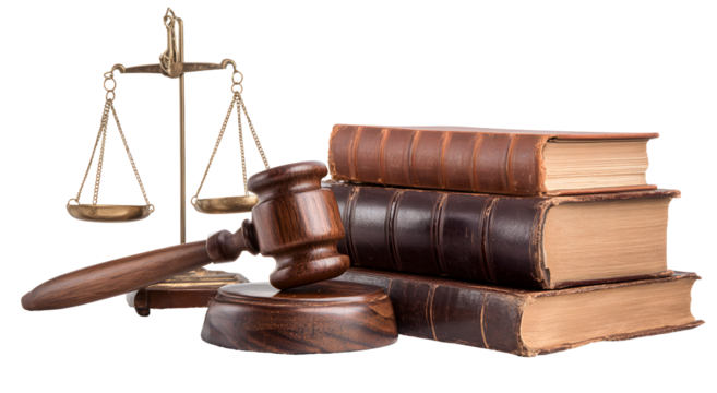 Judge gavel with law books and justice scales isolated on transparent background, legal system concept for lawyer, court, and legislation design

