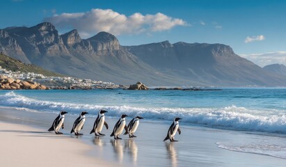 Penguins walking on a sandy beach with mountains in the background.