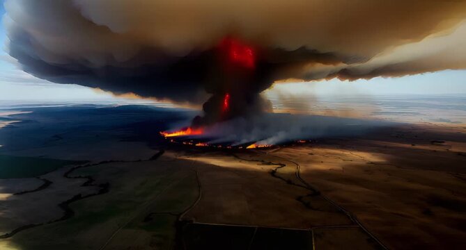 Massive Wildfire with Towering Smoke Plume and Pyrocumulus Cloud Formation Raging Across Dry Landscape
