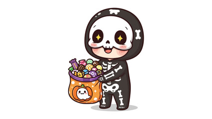 Trick or Treat Delight: A charming illustration showcases a smiling skeleton, clutching a pumpkin-adorned bag bursting with colorful sweets, ready for Halloween festivities. 