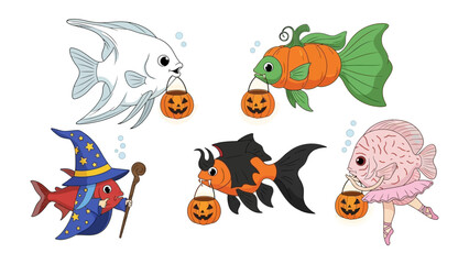 Aquatic Halloween Celebration: A captivating illustration features a collection of whimsical fish adorned in festive Halloween costumes, each holding a jack-o'-lantern candy pail.