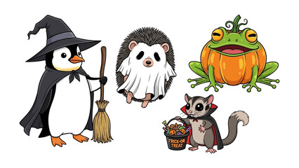 Fototapeta premium Halloween creatures in costume: A charming group of animals adorns themselves in classic Halloween attire, including a witch penguin, a ghost hedgehog, a pumpkin frog, and a vampire glider.