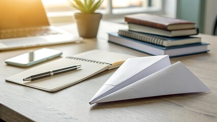 A creative workspace featuring a paper airplane notebook pen smartphone laptop and books symbolizing imagination and productivity