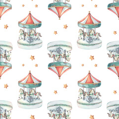 Seamless pattern, merry-go-round carousel, stars. Hand-painted watercolor illustration, ornament isolated on white for printing on textile, wallpaper, packaging, stationery, festive, children decor. © Anastasiia