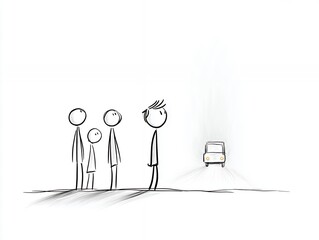 minimalist stick figure illustration group standing beside chair simple line drawing black and white sketch