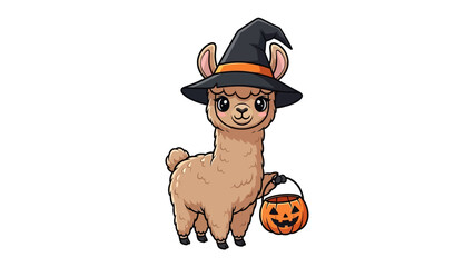 Halloween Alpaca: A charming illustration of a alpaca, donning a witch hat and carrying a carved pumpkin bucket, embodies the essence of Halloween.