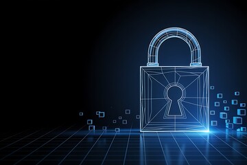 Digital security concept a glowing wireframe padlock symbolizing data protection and cybersecurity on a gridded futuristic background