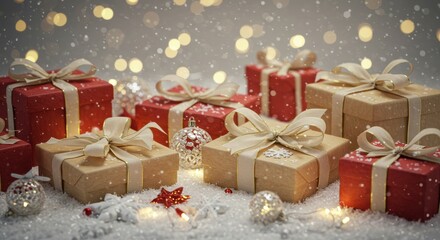 Sparkling Christmas Gifts on Snow with Golden Bokeh and Twinkling Lights, Festive Holiday Scene.