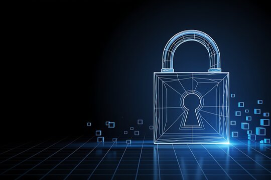 Digital security concept a glowing wireframe padlock symbolizing data protection and cybersecurity on a gridded futuristic background - Powered by Adobe