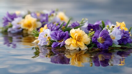 Floating floral arrangements on calm water &mdash; poetic botanical scene with emotional serenity, seasonal symbolism, and reflective elegance